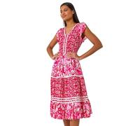 Roman Originals Shirred Empire Waist Dress for Women UK Ladies Midi Maxi Summer Spring Tiered Frill Hem Short Sleeve V Neck Button Through Boho Bohemian Holiday Cruise - Floral Pink - Size 12