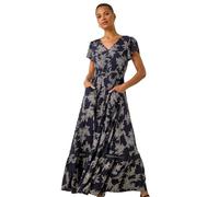 Roman Originals Shirred Empire Waist Dress for Women UK Ladies Midi Maxi Summer Spring Tiered Frill Hem Short Sleeve V Neck Button Through Boho Bohemian Holiday Cruise - Navy Leaf - Size 10