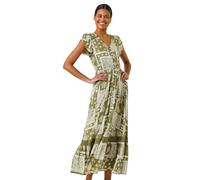 Roman Originals Shirred Empire Waist Dress for Women UK Ladies Midi Maxi Summer Spring Tiered Frill Hem Short Sleeve V Neck Button Through Boho Bohemian Holiday Cruise - Patchwork Khaki - Size 18