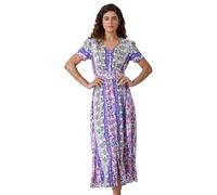 Roman Originals Shirred Empire Waist Dress for Women UK Ladies Midi Maxi Summer Spring Tiered Frill Hem Short Sleeve V Neck Button Through Boho Bohemian Holiday Cruise - Purple & White - Size 10