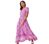Roman Originals Shirred Empire Waist Dress for Women UK Ladies Midi Maxi Summer Spring Tiered Frill Hem Short Sleeve V Neck Button Through Boho Bohemian Holiday Cruise - Magenta - Size 10