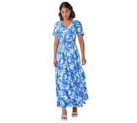 Roman Originals Shirred Empire Waist Dress for Women UK Ladies Midi Maxi Summer Spring Tiered Frill Hem Short Sleeve V Neck Button Through Boho Bohemian Holiday Cruise - Royal Blue - Size 20