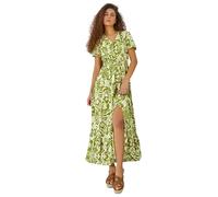Roman Originals Shirred Empire Waist Dress for Women UK Ladies Midi Maxi Summer Spring Tiered Frill Hem Short Sleeve V Neck Button Through Boho Bohemian Holiday Cruise - Lime - Size 16