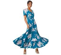 Roman Originals Shirred Empire Waist Dress for Women UK Ladies Midi Maxi Summer Spring Tiered Frill Hem Short Sleeve V Neck Button Through Boho Bohemian Holiday Cruise - Teal - Size 10