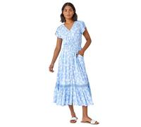 Roman Originals Shirred Empire Waist Dress for Women UK Ladies Midi Maxi Summer Spring Tiered Frill Hem Short Sleeve V Neck Button Through Boho Bohemian Holiday Cruise - Light Blue Ivory - Size 14