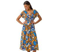 Roman Originals Shirred Waist Dress for Women UK Ladies Midi Maxi Summer Spring Tiered Frill Hem Empire Waist Short Sleeve V Neck Gathered Skirt Bohemian Holiday - Orange Floral - Size 20