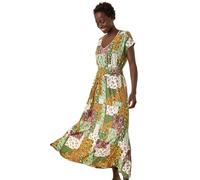 Roman Originals Shirred Waist Dress for Women UK Ladies Midi Maxi Summer Spring Tiered Frill Hem Empire Waist Short Sleeve V Neck Gathered Skirt Bohemian Holiday - Patchwork Khaki - Size 16