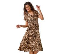 Roman Originals Shirred Waist Dress for Women UK Ladies Midi Maxi Summer Spring Tiered Frill Hem Empire Waist Short Sleeve V Neck Gathered Skirt Bohemian Holiday - Tan - Size 18