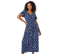Roman Originals Shirred Waist Dress for Women UK Ladies Midi Maxi Summer Spring Tiered Frill Hem Empire Waist Short Sleeve V Neck Gathered Skirt Bohemian Holiday - Petite Navy Blue - Size 8
