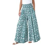 Roman Originals Animal Shirred Palazzo Stretch Trouser for Women UK - Ladies Everyday Holiday Spring Summer Comfy Soft Evening Vacation Work Party - Green - Size ONE