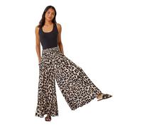 Roman Originals Animal Shirred Palazzo Stretch Trouser for Women UK - Ladies Everyday Holiday Spring Summer Comfy Soft Evening Vacation Work Party - Brown - Size ONE