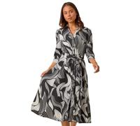 Roman Originals Shirt Dress for Women UK- Ladies Long Sleeve Belted Collared Midi Maxi Winter Autumn Smart Casual Button Through Evening Office A Line Swing Skater - Petite Monochrome - Size 18