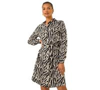 Roman Originals Shirt Dress for Women UK- Ladies Long Sleeve Belted Collared Midi Maxi Winter Autumn Smart Casual Button Through Evening Office A Line Swing Skater - Animal Noir - Size 16