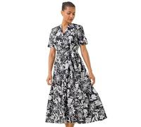 Roman Originals Shirt Dress for Women UK Ladies Short Sleeve Sleeveless Belted Collared Midi Maxi Summer Spring Smart Casual Button Evening Office A Line Swing Skater - Noir Floral - Size 20