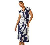 Roman Originals Shirt Dress for Women UK Ladies Short Sleeve Sleeveless Belted Collared Midi Maxi Summer Spring Smart Casual Button Evening Office A Line Swing Skater - Floral Navy - Size 16