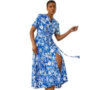 Roman Originals Shirt Dress for Women UK Ladies Short Sleeve Sleeveless Belted Collared Midi Maxi Summer Spring Smart Casual Button Evening Office A Line Swing Skater - Floral Royal Blue - Size 20