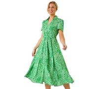 Roman Originals Shirt Dress for Women UK Ladies Short Sleeve Sleeveless Belted Collared Midi Maxi Summer Spring Smart Casual Button Evening Office A Line Swing Skater - Petite Abstract Green - Size 14