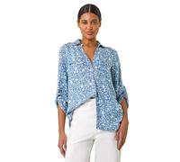 Roman Originals Shirt for Women Ladies Cotton Blouse Button Through Tunic Printed Top Work Long Sleeve Smart Casual Going Out Work Office V Neck Everyday Evening Event - Light Denim - Size 18