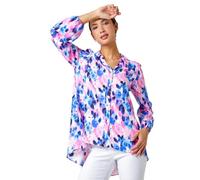 Roman Originals Shirt for Women Ladies Cotton Blouse Button Through Tunic Printed Top Work Long Sleeve Smart Casual Going Out Work Office V Neck Everyday Evening Event - Pink Blue - Size 12