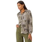 Roman Originals Shirt for Women Ladies Cotton Blouse Button Through Tunic Printed Top Work Long Sleeve Smart Casual Going Out Work Office V Neck Everyday Evening Event - Grey Patchwork - Size 14