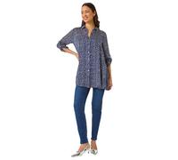 Roman Originals Shirt for Women Ladies Cotton Blouse Button Through Tunic Printed Top Work Long Sleeve Smart Casual Going Out Work Office V Neck Everyday Evening Event - Navy White - Size 10