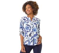 Roman Originals Shirt for Women UK Ladies Longline Top Collarless Blouse Smart Tunic Casual Evening Relaxed Fit 3/4 Length Sleeve Notch V Neck Long - Blue Floral - Size 18