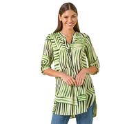 Roman Originals Shirt for Women UK Ladies Longline Top Collarless Blouse Smart Tunic Casual Evening Relaxed Fit 3/4 Length Sleeve Notch V Neck Long - Abstract Green - Size 16