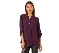 Roman Originals Shirt for Women UK Ladies Longline Top Collarless Blouse Smart Tunic Casual Evening Relaxed Fit 3/4 Length Sleeve Notch V Neck Long - Plain Purple - Size 16