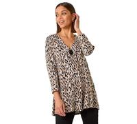 Roman Originals Shirt for Women UK Ladies Longline Top Collarless Blouse Smart Tunic Casual Evening Relaxed Fit 3/4 Length Sleeve Notch V Neck Long - Stone - Size 14