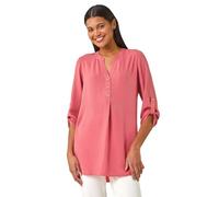 Roman Originals Shirt for Women UK Ladies Longline Top Collarless Blouse Smart Tunic Casual Evening Relaxed Fit 3/4 Length Sleeve Notch V Neck Long - Dusty Pink - Size 10