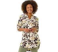 Roman Originals Shirt for Women UK Ladies Longline Top Collarless Blouse Smart Tunic Casual Evening Relaxed Fit 3/4 Length Sleeve Notch V Neck Long - Ivory Floral - Size 14