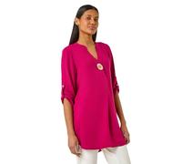 Roman Originals Shirt for Women UK Ladies Longline Top Collarless Blouse Smart Tunic Casual Evening Relaxed Fit 3/4 Length Sleeve Notch V Neck Long - Cerise - Size 12