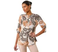 Roman Originals Shirt for Women UK Ladies Longline Top Collarless Blouse Smart Tunic Casual Evening Relaxed Fit 3/4 Length Sleeve Notch V Neck Long - Brown - Size 18
