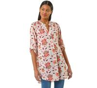 Roman Originals Shirt for Women UK Ladies Longline Top Collarless Blouse Smart Tunic Casual Evening Relaxed Fit 3/4 Length Sleeve Notch V Neck Long - Coral Floral - Size 14