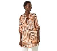 Roman Originals Shirt for Women UK Ladies Longline Top Collarless Blouse Smart Tunic Casual Evening Relaxed Fit 3/4 Length Sleeve Notch V Neck Long - Abstract Orange - Size 16