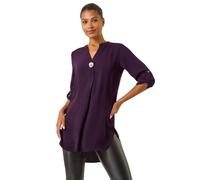 Roman Originals Shirt For Women UK Ladies Longline Top Collarless Blouse Smart Tunic Casual Evening Relaxed Fit 3/4 Length Sleeve Notch V Neck Long - Dark Purple - Size 16