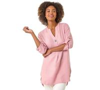 Roman Originals Shirt for Women UK Ladies Longline Top Collarless Blouse Smart Tunic Casual Evening Relaxed Fit 3/4 Length Sleeve Notch V Neck Long - Rose - Size 10
