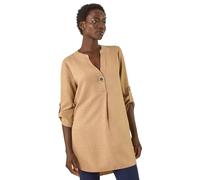 Roman Originals Shirt for Women UK Ladies Longline Top Collarless Blouse Smart Tunic Casual Evening Relaxed Fit 3/4 Length Sleeve Notch V Neck Long - Camel - Size 14