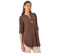 Roman Originals Shirt for Women UK Ladies Longline Top Collarless Blouse Smart Tunic Casual Evening Relaxed Fit 3/4 Length Sleeve Notch V Neck Long - Chocolate - Size 10