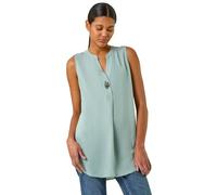 Roman Originals Shirt for Women UK Ladies Longline Top Collarless Blouse Smart Tunic Casual Evening Relaxed Fit 3/4 Length Sleeve Notch V Neck Long - Plain Sage - Size 14