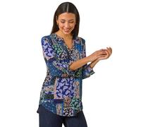 Roman Originals Shirt for Women UK Ladies Top Collarless Blouse Stretchy Tunic Smart Casual Autumn Winter Jersey 3/4 Length Sleeve Notch V Neck Flattering Office Work - Navy Paisley - Size 20