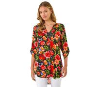 Roman Originals Shirt for Women UK Ladies Top Collarless Blouse Stretchy Tunic Smart Casual Autumn Winter Jersey 3/4 Length Sleeve Notch V Neck Flattering Office Work - Red Floral - Size 20