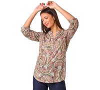 Roman Originals Shirt for Women UK Ladies Top Collarless Blouse Stretchy Tunic Smart Casual Autumn Winter Jersey 3/4 Length Sleeve Notch V Neck Flattering Office Work - Natural Multi - Size 18