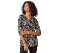 Roman Originals Shirt for Women UK Ladies Top Collarless Blouse Stretchy Tunic Smart Casual Autumn Winter Jersey 3/4 Length Sleeve Notch V Neck Flattering Office Work - Grey Noir - Size 18