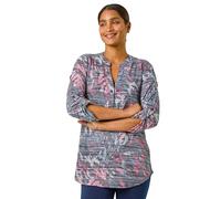 Roman Originals Shirt for Women UK Ladies Top Collarless Blouse Stretchy Tunic Smart Casual Autumn Winter Jersey 3/4 Length Sleeve Notch V Neck Flattering Office Work - Blue Pink - Size 16
