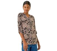 Roman Originals Shirt for Women UK Ladies Top Collarless Blouse Stretchy Tunic Smart Casual Autumn Winter Jersey 3/4 Length Sleeve Notch V Neck Flattering Office Work - Paisley Beige - Size 18