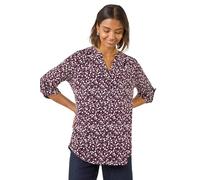 Roman Originals Shirt for Women UK Ladies Top Collarless Blouse Stretchy Tunic Smart Casual Autumn Winter Jersey 3/4 Length Sleeve Notch V Neck Flattering Office Work - Floral Plum - Size 14