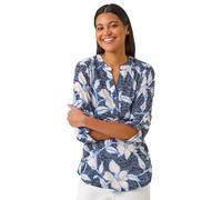 Roman Originals Shirt for Women UK Ladies Top Collarless Blouse Stretchy Tunic Smart Casual Autumn Winter Jersey 3/4 Length Sleeve Notch V Neck Flattering Office Work - Navy Floral - Size 12