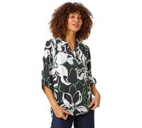 Roman Originals Shirt for Women UK Ladies Top Collarless Blouse Stretchy Tunic Smart Casual Autumn Winter Jersey 3/4 Length Sleeve Notch V Neck Flattering Office Work - Floral Black - Size 12