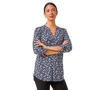 Roman Originals Shirt for Women UK Ladies Top Collarless Blouse Stretchy Tunic Smart Casual Autumn Winter Jersey 3/4 Length Sleeve Notch V Neck Flattering Office Work - Grey Blue - Size 14